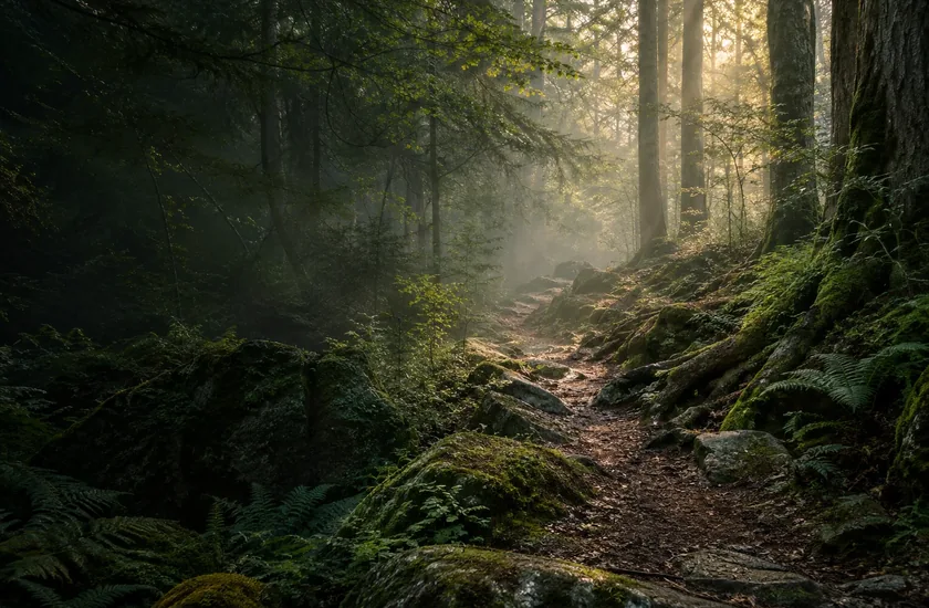 Sunlight filtering through a mossy forest