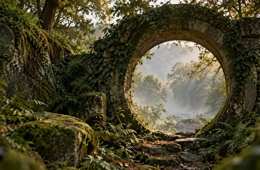 Ancient moss-covered stone arch opening to a misty forest