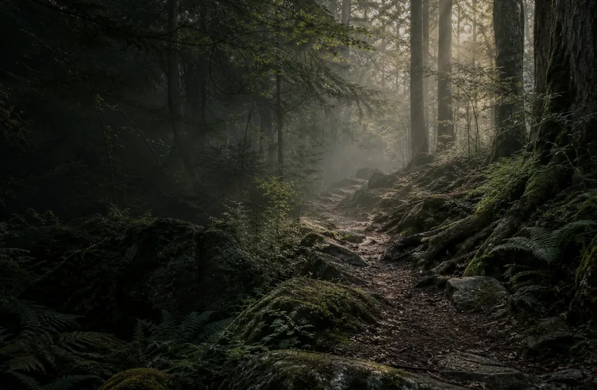 A shadowed grove with soft filtered forest light